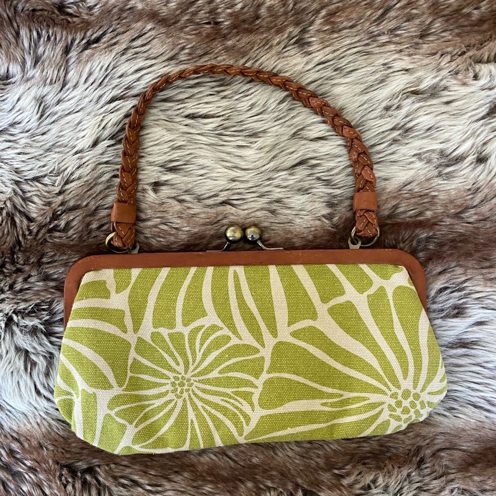 Fossil green floral bag with braided handle